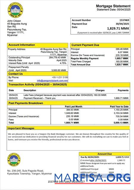 Downloadable Myanmar Yangon City Bank mortgage statement Word and PDF template